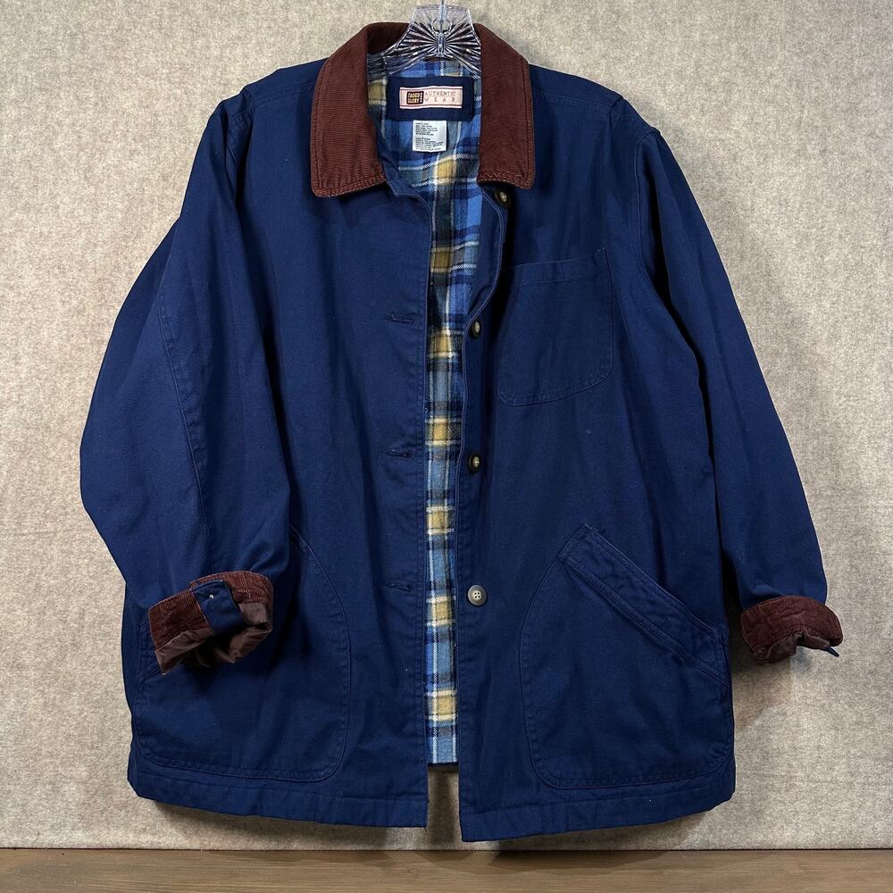 Vtg Faded Glory Barn Jacket Navy Blue Canvas Chore Coat Flannel Lined Corduroy L